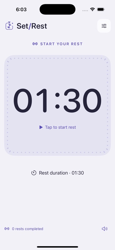 Set/Rest rest timer showing 1 minute 30 seconds